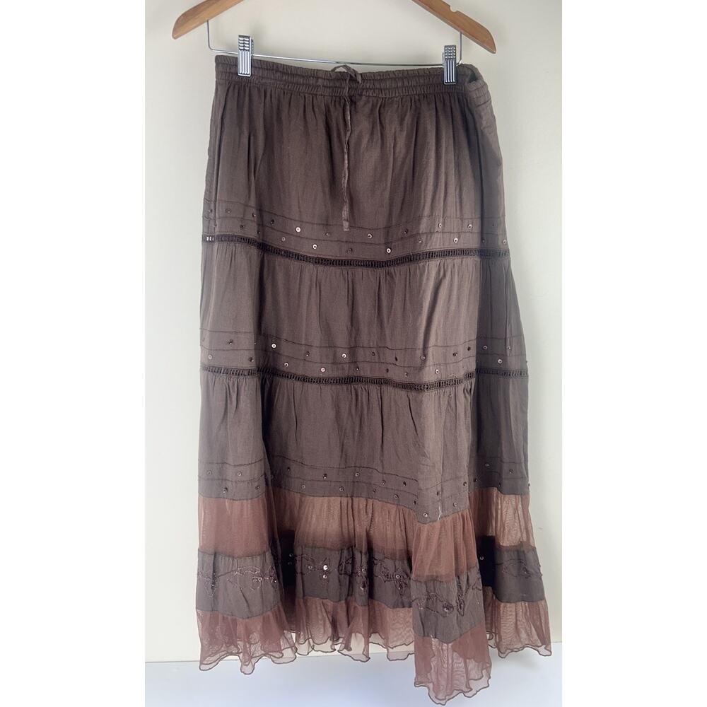 Y2K Cariloha Brown Midi Maxi Skirt Ruffle Tiered Boho Fairy Forest Large Sheer